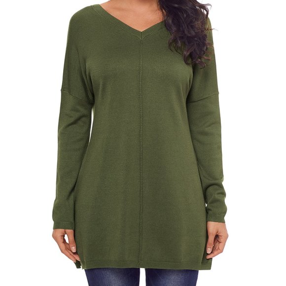 Tops - Green Solid Color V Neck Loose Women Sweater